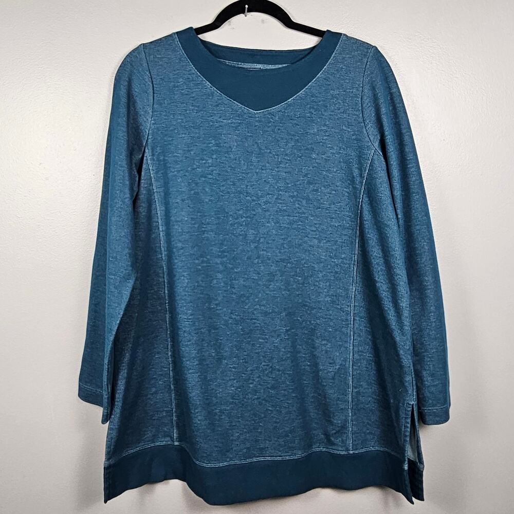 J.Jill Fit Double Knit Tunic Top Teal Long Sleeve Side Slits Pullover Womens M‎